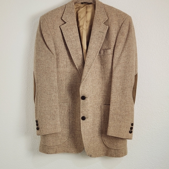 HAGGAR Vintage Tan Wool Sport Coat with Elbow Patches Size 40 - Picture 3 of 12